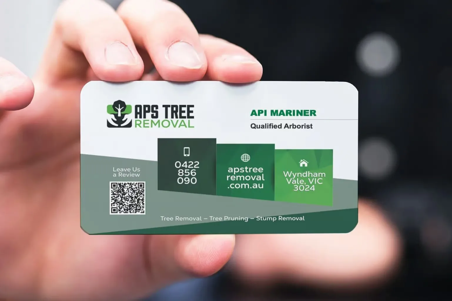 Api Mariner’s Aps Tree Removal business card — Qualified Arborist